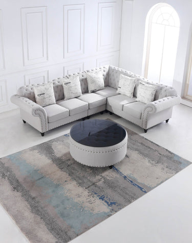 Chesterfield L Shape Corner Sofa in Luxury Stone Grey Fabric with Black Glass Coffee Table - UK Luxury Furniture